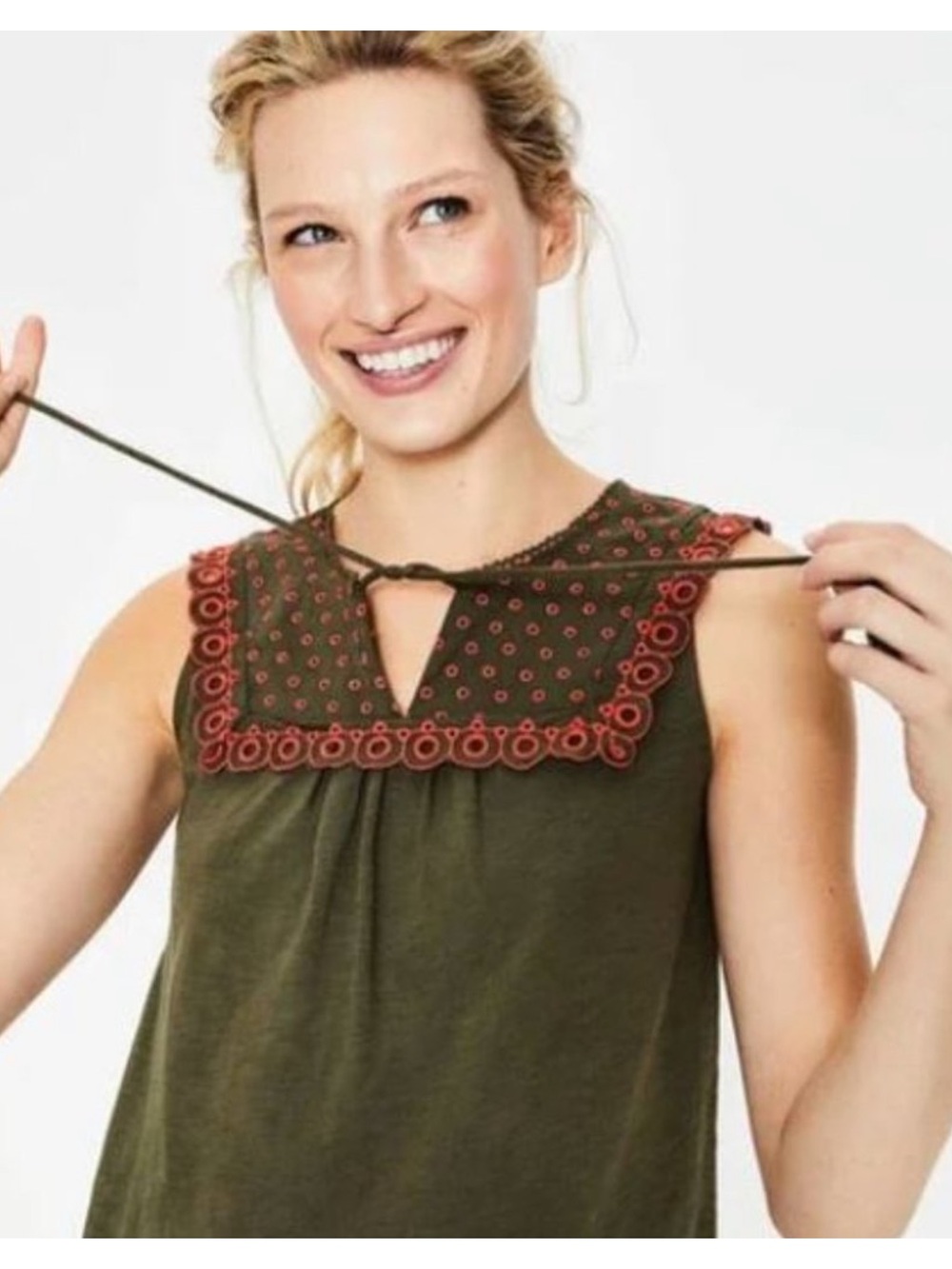 Boden Olive Brown Sleeveless Dress w/ Coral Eyelet Collar, Size 6, EUC